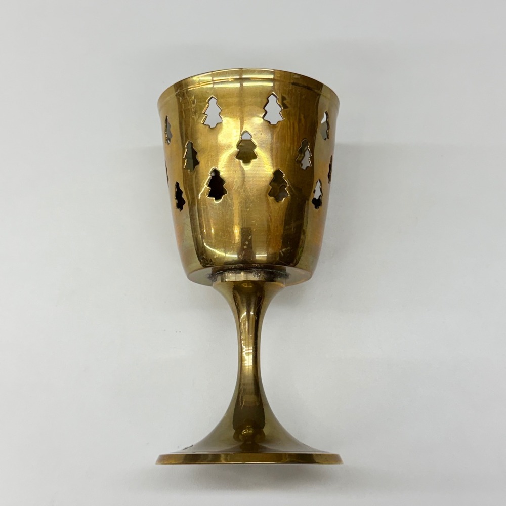 Vintage Brass Christmas Tree Cutout Candle Holder Chalice Pedestal‎ Gold Tone